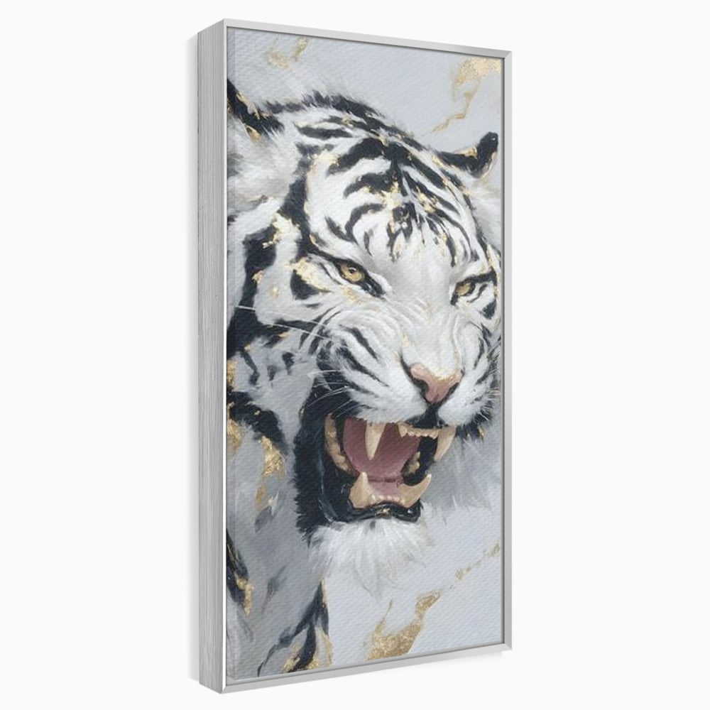 Tablou canvas cu tablou canvas cu tigru alb si auriu, in rama de aluminiu argintiu